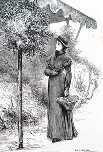 一位妇女购买冬青用于圣诞装饰品。作者：玛丽-艾伦-爱德华兹（1838-1934），英国艺术家