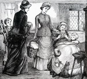 A woman giving gifts to a poor cottager. By Mary Ellen Edwards (1838-1934) an English artist 作者 玛丽·艾伦·爱德华兹