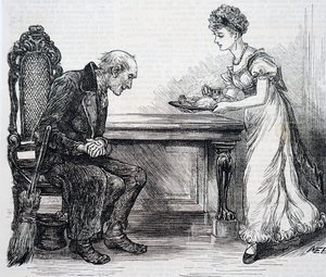 A woman giving the crossing sweeper a warm dinner. By Mary Ellen Edwards (1838-1934) an English artist 作者 玛丽·艾伦·爱德华兹