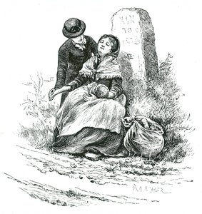 An destitute, unmarried mother found exhausted on her way to the Workhouse with her baby. Scene reminiscent of a Thomas Hardy novel but one not uncommon in rural areas throughout the country. Illustration by Mary Ellen Edwards c1881. 作者 玛丽·艾伦·爱德华兹