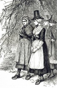 An engraving depicting Welsh girls at a Hollantide Fair, a hiring fair, waiting to be engaged as domestic servants. Illustrated by Mary Ellen Edwards (1838-1934) an English artist and illustrator of children