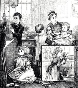 An engraving depicting a regular scene of a wealthy Victorian family. In the main image, the children are being watched over by their nursemaid as they play with building bricks. The insert image shows a small girl places a potted plant on a window sill. I 作者 玛丽·艾伦·爱德华兹