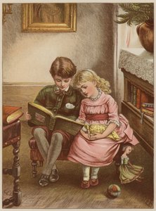 男孩和女孩阅读书（chromolitho） 作者 玛丽·艾伦·爱德华兹