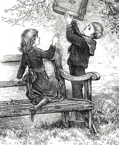 Engraving depicting children with their pet sparrow in it