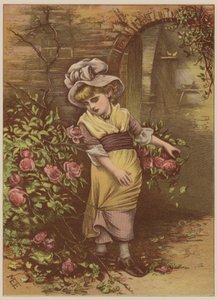 女孩采摘玫瑰（chromolitho） 作者 玛丽·艾伦·爱德华兹