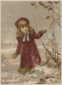 采取面包的女孩在雪（chromolitho）喂鸟 作者 玛丽·艾伦·爱德华兹