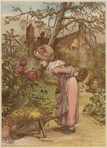 女孩在花园里看着蜜蜂（chromolitho） 作者 玛丽·艾伦·爱德华兹