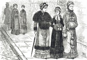 Illustration depicting young women with muffs, to keep their hands warm during the colder weather 作者 玛丽·艾伦·爱德华兹