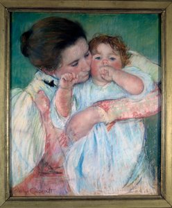 母亲和孩子在绿色背景或孕妇画 by Mary Cassatt (1844-1926) 1897 太阳。 0,55x0,46 m 巴黎，奥赛博物馆 - 绿色背景下的母子或母子。 Mary Cassatt (1844-1926) 1897 年的绘画。0.55 x 0.46 m。 奥赛穆