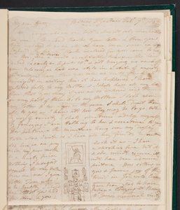 伊丽莎白-格维林在写字台前，1802 年 2 月 7 日写给海丝特-詹姆斯的信中的素描（纸上墨迹） 作者 