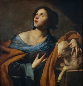 圣艾格尼丝（罗马的艾格尼丝，290-303 年） - Massimo Stanzione（约 1585 年-约 1658 年）的绘画作品 - 1635-1640 年 - 布面油画 - 83,5x75 - 巴塞罗那加泰罗尼亚国家艺术博物馆 作者 马西莫·斯坦齐奥内