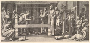 纺纱、织布和缝纫的妇女，1540-50。