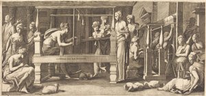 珀涅罗珀和她的女仆们在织布 作者 FG大师，在Francesco Primaticcio之后