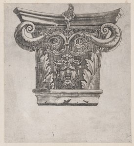 Speculum Romanae Magnificentiae：资本与peapod volutes和satyr头，约1537年，约1537年。