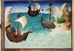 Navigators in the Indian Ocean oriented with stars and astrolabe. Miniature in “” The Book of Wonders of the World””, Ms. 2810, folio 188v enluminated by the Master of Egerton, written John (Jehan) de Mandeville (1300? 1382). Around 1410-1412. BN, Paris