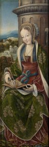 Barbe la grande martyre - 圣家三联画与音乐制作天使。 右图：法兰克福圣芭芭拉大师（1460 年-约 1533 年），约 1510-1520 年 - 木板油彩，79x27 - 马德里普拉多博物馆
