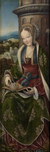 与音乐使天使的神圣家族的三联画。右面板：圣巴巴拉（Saint Barbara），约1510年至1520年