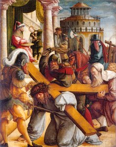 德语: Kreuztragung Christi und Handwaschung des Pilatus 基督背十字架和彼拉多洗手 作者 梅斯基希大师