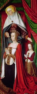 波旁祭坛画，右手小组描绘圣安妮呈现法国安妮（1476-1514）和她的女儿，波旁的苏珊（1491-1521）c.1498 作者 红磨坊大师