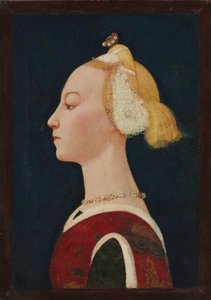 一个女人的肖像，c.1450（画布上的蛋彩画和金色，转移到木头上）