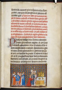 Cotton Tiberius B. VIII f.49r 国王在祭坛上献剑，《法国国王查理五世加冕簿》插图