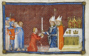 Cotton Tiberius B. VIII f.49v 兰斯大主教将剑归还国王，"法国国王查理五世加冕簿 "中的插图