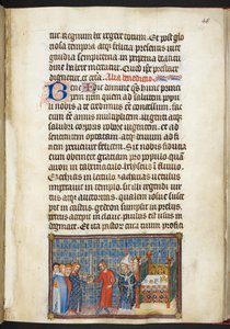 Cotton Tiberius B. VIII f.50r 国王向元老（安茹公爵）转交宝剑，选自 "法国国王查理五世加冕簿"。