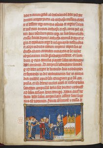 Cotton Tiberius B. VIII f.65v 国王查理五世跪在地上，兰斯大主教将圣餐饼放入他的口中，插图选自 "法国国王查理五世加冕簿"。 作者 查理五世加冕簿的主人