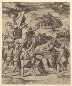 基督背着十字架被士兵包围，其中有几个骑马的，1530-60。 作者 死神大师