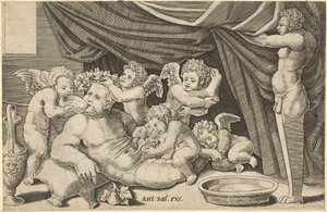 Speculum Romanae Magnificentiae：Bacchus被Putti包围，Priapus手持...，16世纪。 作者 死神大师