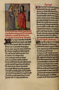 微型画显示 Jalousie（嫉妒）对 Bel Accueil（公平的欢迎）说话，选自《Le Roman de la Rose》。