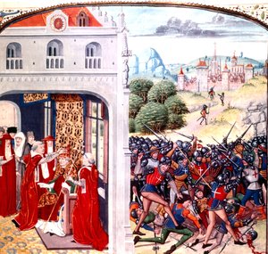 教皇格雷戈里九世在法国阿维尼翁的祝圣仪式（1227-1241年担任教皇），由让-弗洛瓦特创作（牛皮纸）。