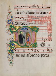 圣本尼迪克特在首字母D中救活一个男孩的手稿叶子，来自Antiphonary。