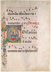 带有三位一体首字母T的手稿叶子，来自15世纪下半叶的Antiphonary。