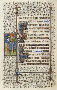 女士62 f.132v在Guillaume de Deguilleville的1350年，1417年（羊皮纸上的墨水和金箔）的“圣灵的时间”中用剑刺穿的树梢上的有翅膀的人物