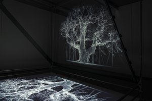 阿尔比恩，2017（投影仪、媒体播放器、脚手架、透明薄膜、木材、油漆、镜子、拉伸配件） 作者 马特·科利肖