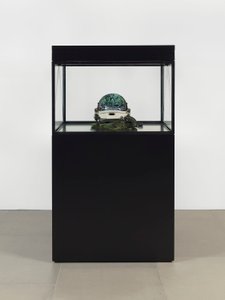 阿尔法-欧米茄，2016（玻璃、液晶屏、媒体播放器、仿制头骨、太空头盔、木材）