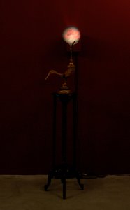 吹号器，2002 年（玻璃、水、黄铜、公羊号角、木材、视频投影仪和播放器） 作者 马特·科利肖