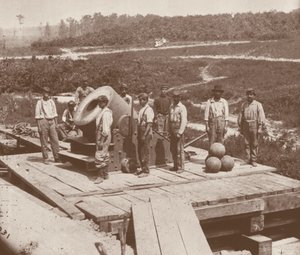 美国内战中使用的 "独裁者 "联邦军队铁路迫击炮（1861-65）（黑白照片）。