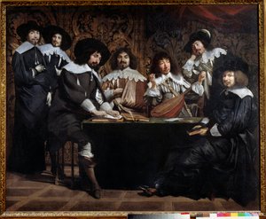 艺术家和知识分子的业余会议或学院聚会。 Mathieu Le Nain (Lenain) (1607-1677) 17 世纪的绘画。 1,16x1,46 m 巴黎卢浮宫博物馆