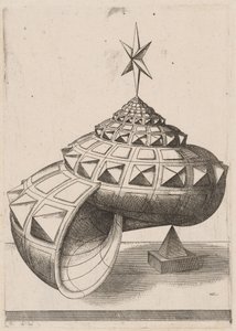 在金字塔上平衡的面状蜗牛壳的透视图 作者 Mathis Zündt，仿照 Hans Lencker