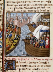 Seventh Crusade: King Saint Louis (1214-1270) and the crossings besieging Damietta in June 1249 in Lower Egypt. Miniature taken from the manuscript “Speculum historiale”” (Le Mirror historial) by Vincent de Beauvais (1184/94-1264) enluminated by the Master 作者 弗朗索瓦夫人
