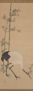 鹤、竹、松，江户时代（丝绸上的水墨颜料） 作者 松村庆文