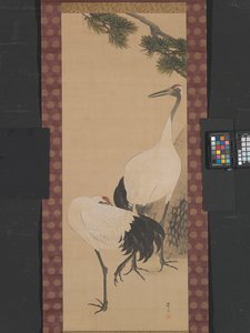 鹤、竹、松，江户时代（绢本水墨画） 作者 松村庆文