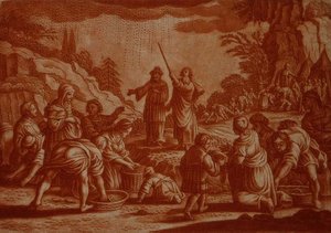 以色列人在收集吗哪，《圣经》中的插图，由Gabriel Bodeneer（1673-1766）雕刻（深褐色雕刻）。 作者 马陶斯二世（后）梅里安