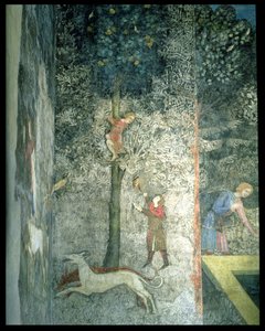 狩猎犬和男子爬树，装饰方案的细节从La Chambre du Cerf Stag Room 1347壁画
