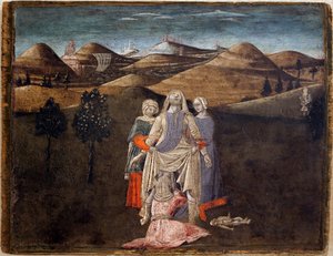 罗穆卢斯和雷穆斯的传说：瑞亚-西尔维娅的诞生。Matteo di Giovanni (1430-1495)的绘画，木头上的detrempe，27.9 x 35.7厘米。意大利艺术 15世纪。利布尔讷艺术博物馆。