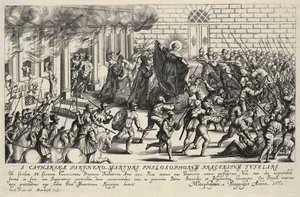 1355年5月，圣凯瑟琳在皮桑的人民起义中保护查理四世。 作者 马特乌斯·库塞尔