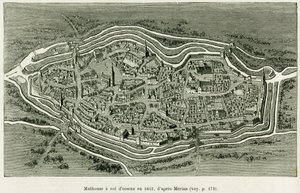 米卢斯于 1642 年飞翔。 马特豪斯·梅里安 (1593-1650) 雕刻，以说明故事 A 穿越阿尔萨斯和洛林，由德国代理查尔斯·格拉德 (Charles Grad) 于 1885 年在爱德华·查顿 (Edouard Charton) (1807-1890) 导演的 1886 年世界之旅中 ，阿歇特，巴黎。 作者 麦里安（后）梅里安