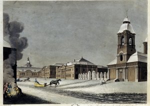 彼得堡的兵工厂和大炮铸造厂。(彼得堡的兵工厂和大炮铸造厂）。描述建筑在隆冬时节的景象，雪橇在雪地上滑行，一群人围着火堆取暖。作者 作者 马修·杜伯格